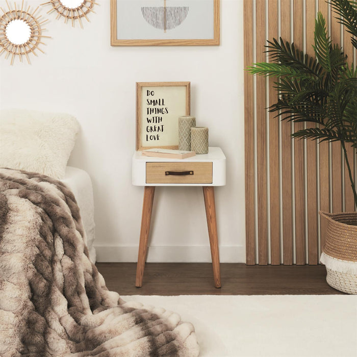 WHITE WOODEN BEDSIDE TABLE WITH 1 DRAWER