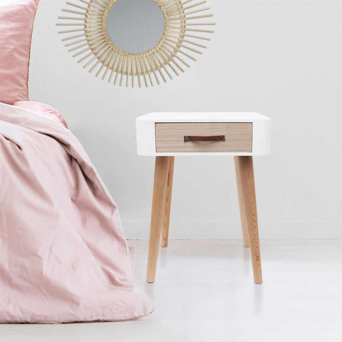 WHITE WOODEN BEDSIDE TABLE WITH 1 DRAWER