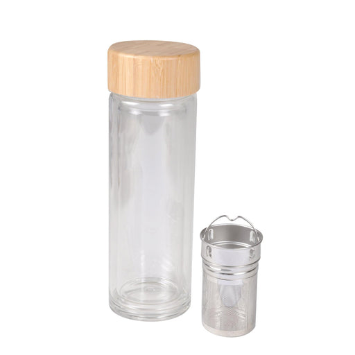 TEA BOTTLE WITH STAINLESS STEEL INFUSER DOUBLE WALL GLASS AND BAMBOO 0,28L