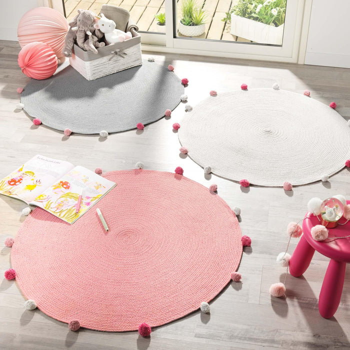 ROUND MAT TASSEL 90 CM PLAIN POLYCOTTON POMPOMPARTY WHITE PINK