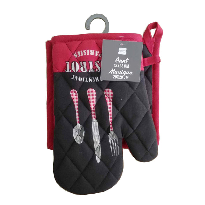 KITCHEN GLOVE  POT HOLDER 18 x 28 CM 20 x 20 CM PRINTED COTTON AU BISTROT RED