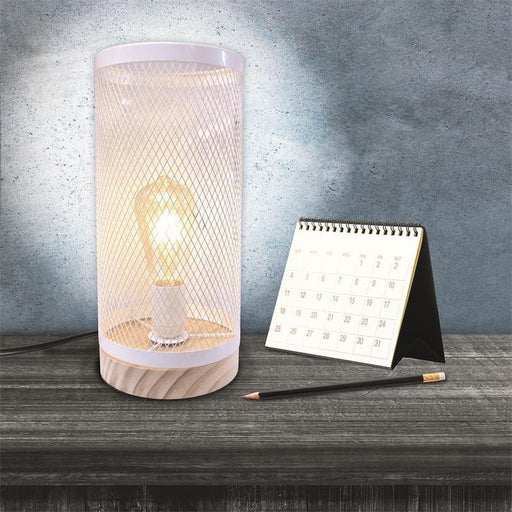 WHITE WIRE MESH CYLINDRIC TABLE LAMPE WOODEN BASEåÊ