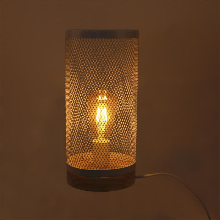 WHITE WIRE MESH CYLINDRIC TABLE LAMPE WOODEN BASEåÊ