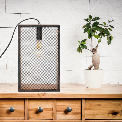 BLACK METAL MESH TABLE LAMP WITH WOODEN FRAME