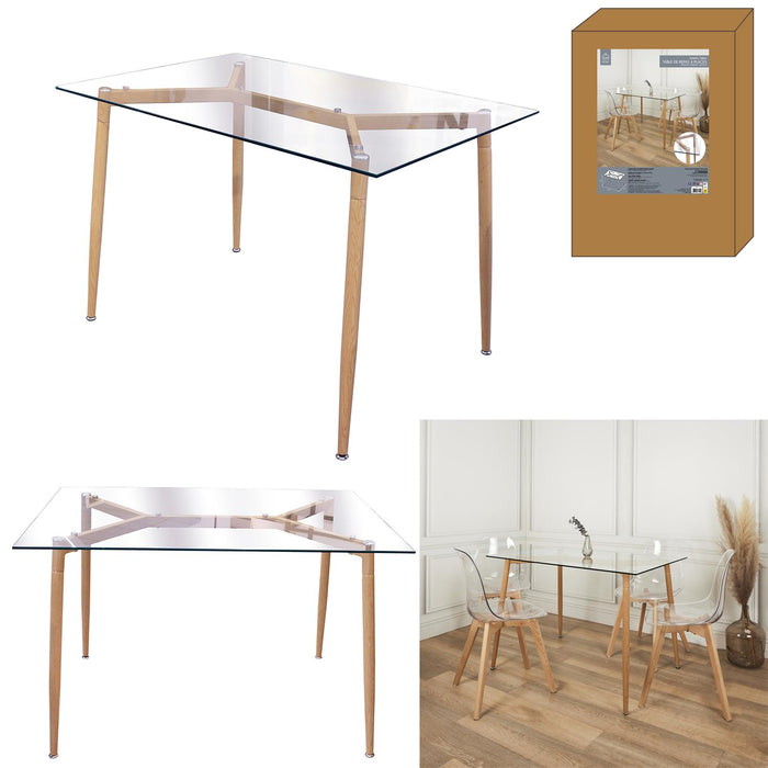 GLASS TABLE WOOD EFFECT METAL LEGS 75X115CM