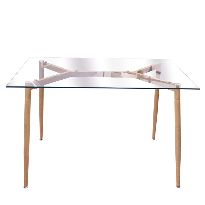 GLASS TABLE WOOD EFFECT METAL LEGS 75X115CM
