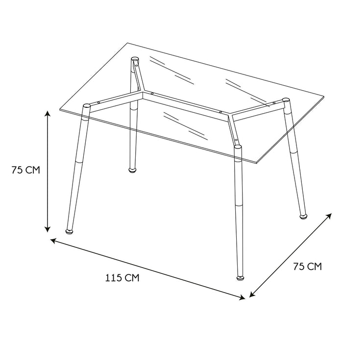 GLASS TABLE WOOD EFFECT METAL LEGS 75X115CM