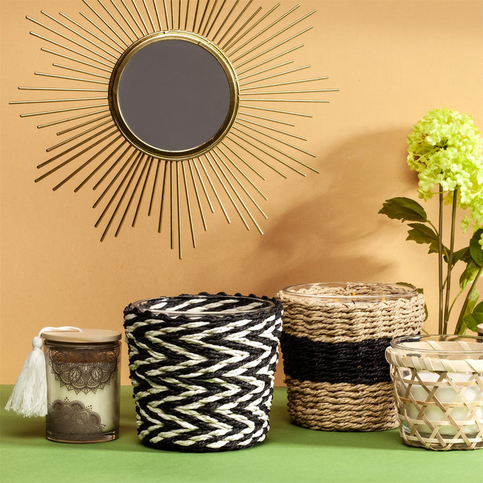 1 piece - GLASS CANDLE WITH WOVEN BASE - for color option contact us on 03 46 45 47