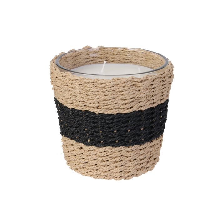 1 piece - GLASS CANDLE WITH WOVEN BASE - for color option contact us on 03 46 45 47
