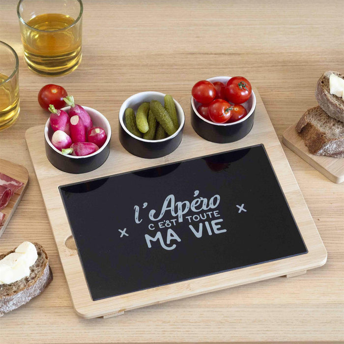 BAMBOO TRAY  WITH GLASS PLATE AND DISHES X3