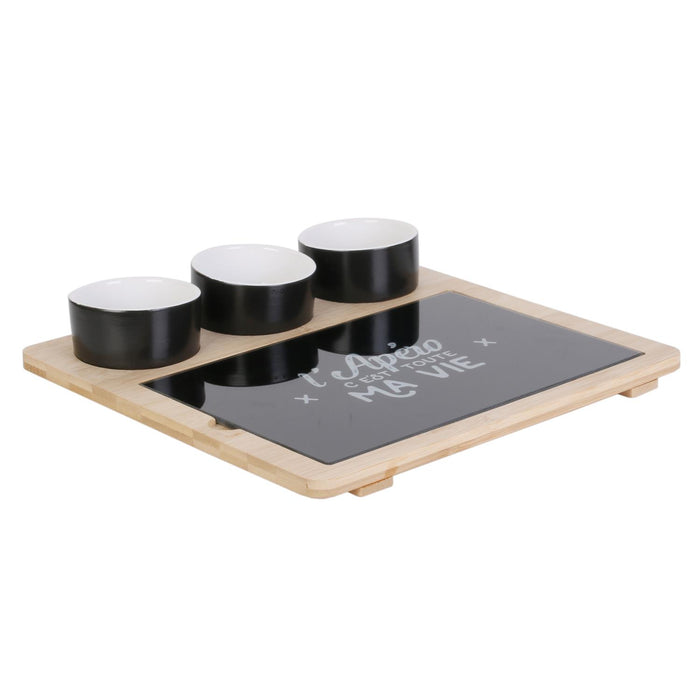 BAMBOO TRAY  WITH GLASS PLATE AND DISHES X3
