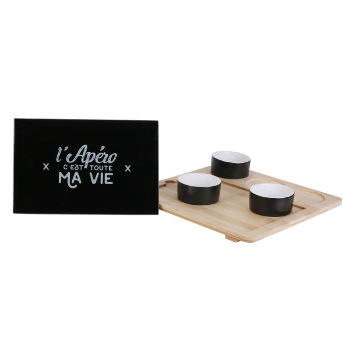 BAMBOO TRAY  WITH GLASS PLATE AND DISHES X3