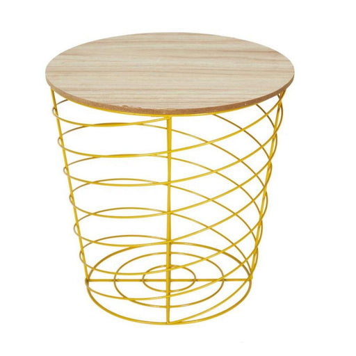 CYCLONE WOOD AND YELLOW METAL WIRE TABLE