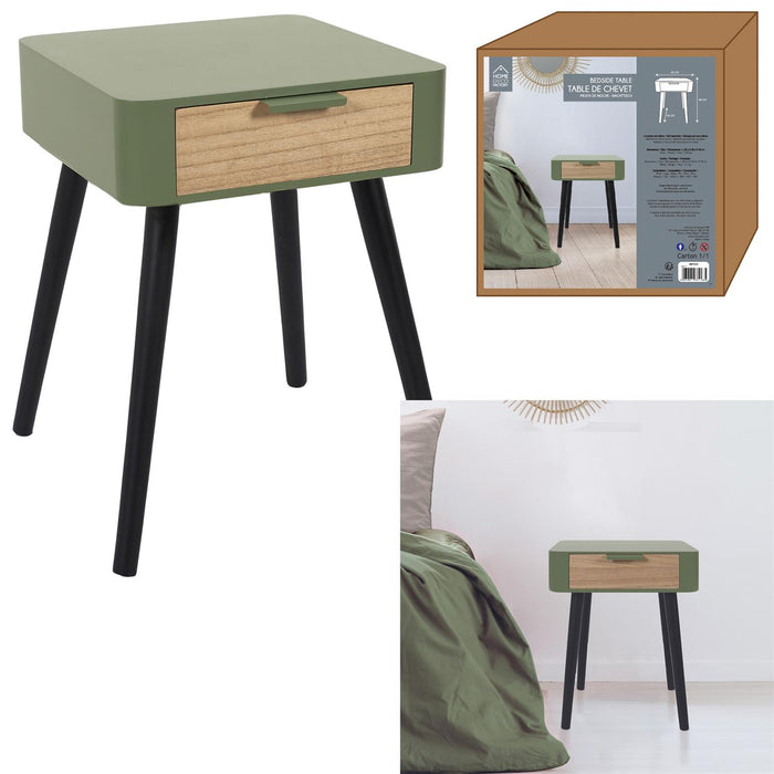KHAKI GREEN WOOD DRAWER 1 BEDSIDE