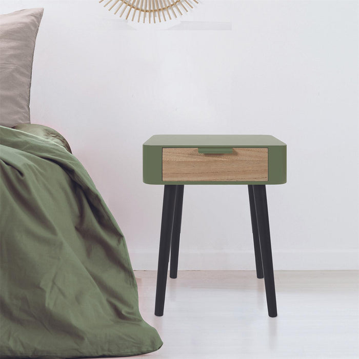 KHAKI GREEN WOOD DRAWER 1 BEDSIDE