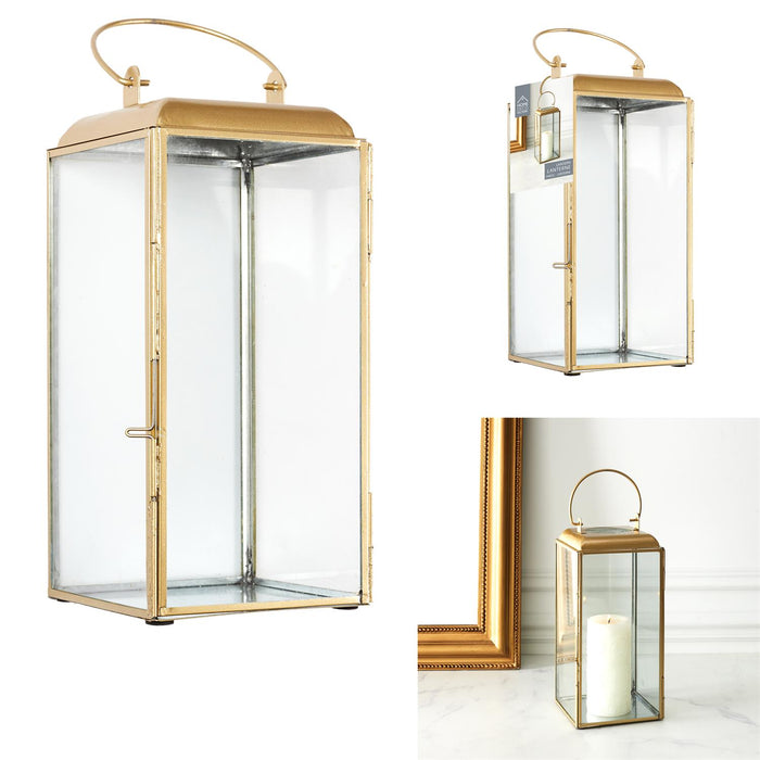 GILDED METAL LANTERN AND GLASS H30CM