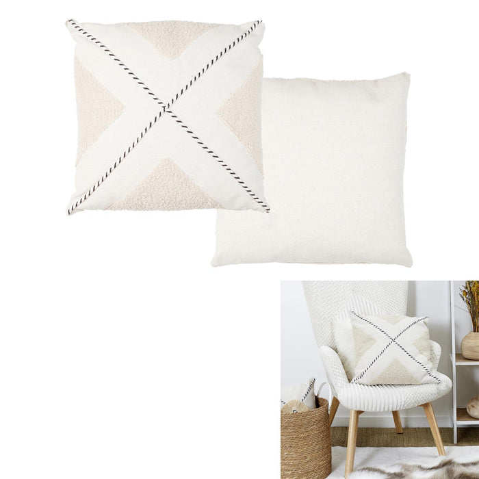 BEIGE WHITE TUFTED CUSHION WITH POMPONS 40X40CM