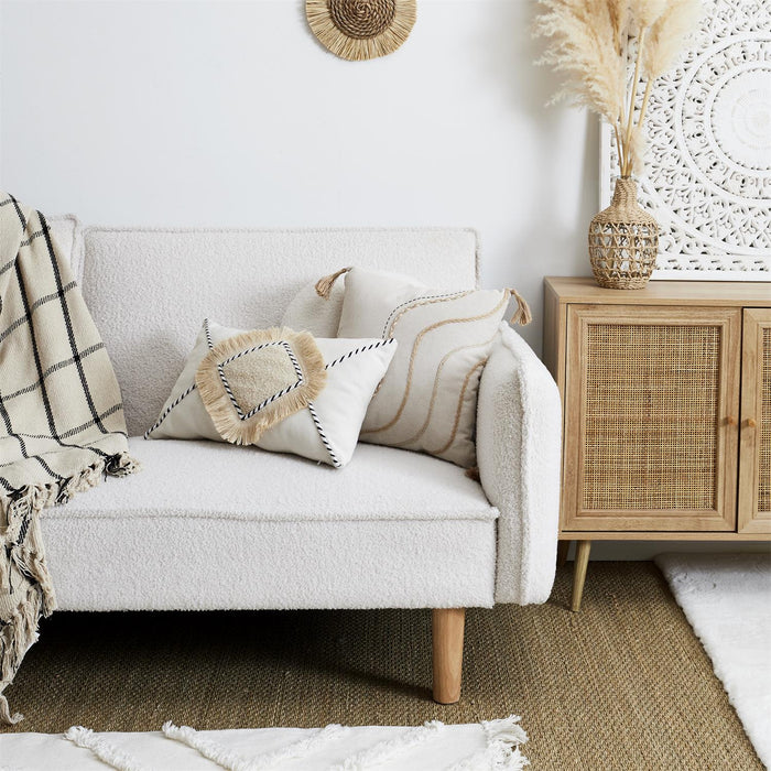 BEIGE AND WHITE CUSHION WITH POMPONS 40X40CM M8