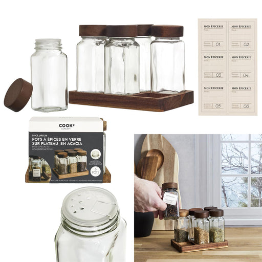 SPICE JARS X6 ON ACACIA TRAY