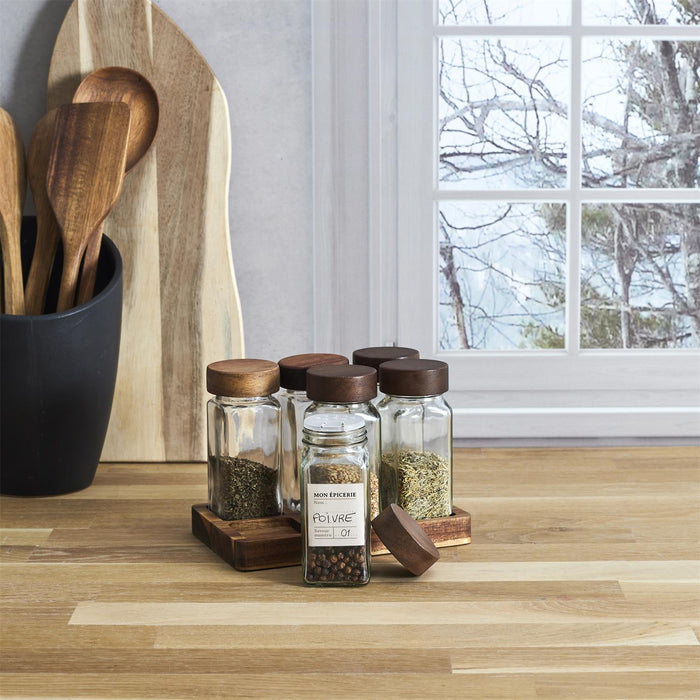 SPICE JARS X6 ON ACACIA TRAY
