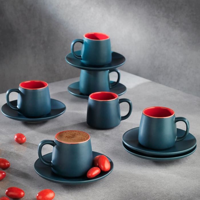 Schafer Aurora 6 Person Coffee Cup Set 12 Pieces-Navy Blue/Red